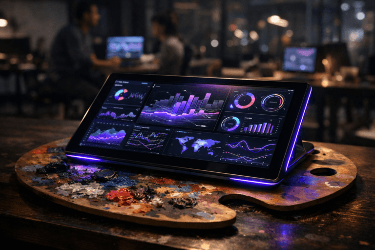 A photorealistic medium-wide cinematic shot, camera positioned approximately 1–2 meters from the subject, capturing a sleek real-world hero object: a large tablet-like executive command dashboard device styled as a command center, with multiple luminous analytics indicators and graphs in a subtle 3D isometric-style interface, resting naturally atop a wooden artist’s palette smeared with vibrant dried oil paints on a modern desk, the screens clearly readable within a realistic environment, with no legible text. The object integrates subtle electric-purple #7B63FF accents tracing key data lines and a thin edge glow around the device, indicating intelligence and real-time activity without overpowering realism. Set in a dimly lit tech-noir creative agency war room at night, an open-plan office with glass walls, distant city lights, scattered laptops and monitors showing abstract dashboards, and a few diverse marketing and IT professionals in the background and periphery, softly out of focus in candid collaborative poses. Lighting is low-key and practical, coming from desk lamps, computer screens, and a soft integrated white spotlight from above and slightly to the side, gently revealing form, texture, and depth on the device, the oily paint smears, and the desk surface. Cinematic realism, 35mm lens look, natural depth of field, premium materials, ultra-detailed, 8K, no captions, no text overlays, no watermarks.