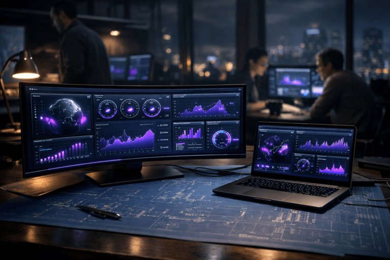 A photorealistic medium-wide cinematic shot, camera positioned approximately 1–2 meters from the subject, capturing a sleek ultrawide curved monitor and matching laptop forming a unified executive analytics dashboard, styled like an aircraft cockpit command center, resting directly on a large sheet of blue engineering blueprint paper spread neatly across a dark wooden table, the dashboard filled with luminous charts, graphs, and gauges (no legible text), clearly readable and suggesting real-time product scalability monitoring within a realistic environment. The object integrates subtle electric-purple (#7B63FF) accents along key data points, indicator lights, and trim around the screens, indicating intelligence and activity without overpowering the neutral corporate palette of charcoal, graphite, and soft metallics. Set in a modern tech-company war-room office at night, with floor-to-ceiling windows hinting at a moody futuristic city skyline outside, additional dimly glowing secondary monitors and cables in the background, and a small, diverse group of product managers and engineers in business-casual clothing standing and sitting around the table in soft focus, candidly collaborating and monitoring the dashboards at the periphery. Lighting is low-key and practical, coming primarily from the dashboard screens, a small desk lamp, and faint city glow, complemented by a soft integrated white spotlight from above and slightly to the side, gently revealing the form, texture, and depth of the devices, blueprint paper, and tabletop while keeping the background atmospheric and slightly shadowed. Cinematic realism, subtle Tech-Noir atmosphere, natural shallow-to-medium depth of field, premium materials, ultra-detailed, 8K, no captions, no text overlays, no watermarks.