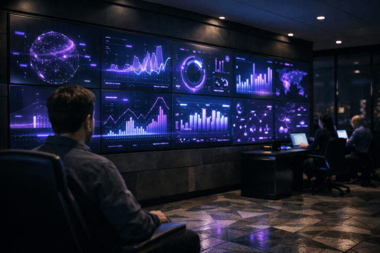 A photorealistic medium-wide cinematic shot, camera positioned approximately 1–2 meters from the subject, capturing a large wall-mounted executive command-center dashboard composed of multiple ultra-thin 4K displays seamlessly joined into a single surface, showing luminous real-time analytics visualizations related to scalable data systems, the interface clean and contemporary with abstract charts, graphs, and indicators that glow softly in electric purple #7B63FF accents and cool cyan highlights, no readable text or captions. The object integrates subtle electric-purple accents indicating intelligence or activity without overpowering realism, with the hue reflected delicately on nearby metal and glass surfaces. Set in a dimly lit, high-end corporate data operations war room with a complex geometric mosaic floor in neutral stone tones, sleek matte-black consoles and chairs, glass walls revealing a distant night-time city skyline with restrained neon lights, and a few diverse professionals in business-casual attire working at workstations in the background, slightly out of focus, their laptop screens casting a soft glow. Lighting is low-key and practical, coming from the dashboard displays, discreet ceiling fixtures, and a soft integrated white spotlight from above that gently sculpts the dashboard surface and the texture of the mosaic floor, revealing form, depth, and premium materials without harsh glare. Cinematic realism, natural shallow-to-medium depth of field, 35mm lens look, subtle Tech-Noir mood, ultra-detailed, 8K, no captions, no text overlays, no watermarks.