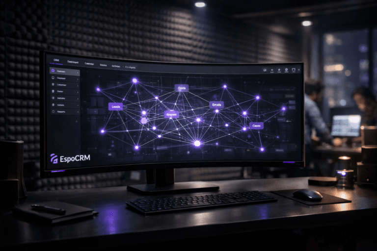 A photorealistic medium-wide cinematic shot, camera positioned approximately 1–2 meters from the subject, capturing a sleek ultra-wide curved monitor on a dark matte desk as the hero object, displaying the EspoCRM interface with its official logo clearly visible in the corner and a central CRM hub dashboard of interconnected nodes and lines, like a luminous web of customer interactions rendered in a clean contemporary UI with subtle electric-purple #7B63FF highlights, clearly readable within a realistic environment. The object integrates subtle electric-purple accents indicating intelligence or activity without overpowering realism. Set in a modern tech operations room whose walls are fully covered with dark gray egg-crate acoustic foam panels, with a few out-of-focus diverse marketing and sales professionals collaborating at nearby workstations in the background, laptop screens and secondary monitors glowing softly and hinting at campaigns, pipelines, and reports. Lighting is low-key and practical, coming from the monitor glow, small desk lamps, and a faint cool city-light spill from an unseen side window, complemented by a soft integrated white spotlight from above and slightly to the side, gently revealing form, texture, and depth on the monitor, desk surface, and acoustic foam. Cinematic photographic realism with a subtle Tech-Noir atmosphere, natural shallow-to-medium depth of field, neutral corporate color palette with restrained neon purple accents, premium materials, ultra-detailed, 8K, no captions, no text overlays, no watermarks.