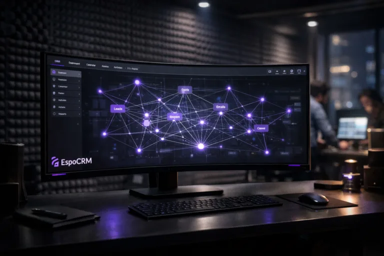 A photorealistic medium-wide cinematic shot, camera positioned approximately 1–2 meters from the subject, capturing a sleek ultra-wide curved monitor on a dark matte desk as the hero object, displaying the EspoCRM interface with its official logo clearly visible in the corner and a central CRM hub dashboard of interconnected nodes and lines, like a luminous web of customer interactions rendered in a clean contemporary UI with subtle electric-purple #7B63FF highlights, clearly readable within a realistic environment. The object integrates subtle electric-purple accents indicating intelligence or activity without overpowering realism. Set in a modern tech operations room whose walls are fully covered with dark gray egg-crate acoustic foam panels, with a few out-of-focus diverse marketing and sales professionals collaborating at nearby workstations in the background, laptop screens and secondary monitors glowing softly and hinting at campaigns, pipelines, and reports. Lighting is low-key and practical, coming from the monitor glow, small desk lamps, and a faint cool city-light spill from an unseen side window, complemented by a soft integrated white spotlight from above and slightly to the side, gently revealing form, texture, and depth on the monitor, desk surface, and acoustic foam. Cinematic photographic realism with a subtle Tech-Noir atmosphere, natural shallow-to-medium depth of field, neutral corporate color palette with restrained neon purple accents, premium materials, ultra-detailed, 8K, no captions, no text overlays, no watermarks.