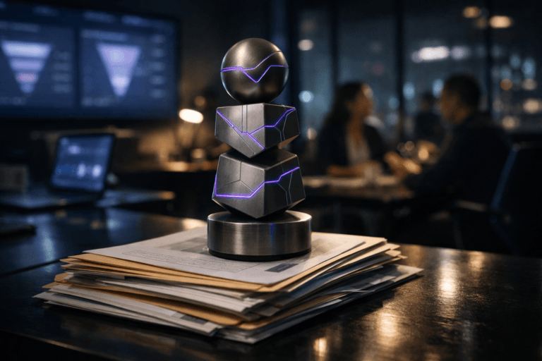 A photorealistic medium-wide cinematic shot, camera positioned approximately 1–2 meters from the subject, capturing a sleek physical desktop totem sculpture made of stacked matte-metal geometric shapes, subtly engraved with abstract subway-map–like lines, resting confidently on a neatly organized pile of manila folders and printed content-strategy documents on a modern office desk, clearly readable within a realistic environment. The object integrates subtle electric-purple (#7B63FF) edge accents and fine light traces running along the engraved paths, indicating intelligence, data flow, and strategic activity without overpowering realism. Set in a dimly lit, Tech-Noir corporate marketing analytics war room at night, with large wall-mounted screens and laptop displays in the background showing softly blurred dashboards of charts and funnel metrics, glass walls revealing a faint city skyline with scattered neon reflections, and a small, diverse group of marketing professionals collaborating in the periphery, naturally posed, slightly out of focus. Lighting is low-key and practical, coming from screens, desk lamps, and a few ceiling fixtures, complemented by a soft integrated white spotlight from the side that gently reveals the sculpture’s form, metal texture, and the layered stack of documents, with subtle reflections on the desk surface. Cinematic realism, 35mm lens look, natural shallow-to-medium depth of field, neutral corporate tones with restrained electric-purple neon accents, premium materials, ultra-detailed, 8K, no captions, no readable text, no watermarks.