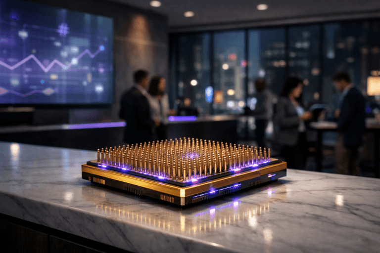 A photorealistic medium-wide cinematic shot, camera positioned approximately 1–2 meters from the subject, capturing a real golden processor chip (CPU) with intricate pins facing upward, resting prominently on a sleek white marble reception counter in the foreground, clearly readable as the hero object and subtly suggesting an intelligent social media analytics engine, with delicate electric-purple #7B63FF light accents running along its edges and between the pins to indicate data activity without looking sci‑fi or overpowering realism. The object integrates subtle reflections of nearby translucent screens showing abstract analytics graphs and hashtag nodes as soft light patterns only (no legible text), grounding it in a real tech workspace. Set in a contemporary corporate lobby at night with a tech‑noir atmosphere, featuring floor‑to‑ceiling glass looking out onto a modern cityscape with muted neon signage, neutral corporate interiors in shades of charcoal, soft gray and white, and restrained electric‑purple highlights on LED strips and interface glows. In the background and periphery, a small, diverse group of professionals in business‑casual clothing move naturally around a reception area and a nearby standing desk, some checking tablets and laptops, others in quiet conversation, all slightly out of focus so the CPU remains the clear focal point. Lighting is low‑key and practical, coming from recessed ceiling lights, the reception desk, and large wall‑mounted screens displaying abstract dashboards, complemented by a soft integrated white spotlight from above and slightly to the side of the chip, gently revealing the metal texture, engraved details, and subtle reflections in the marble surface. Cinematic realism with a subtle tech‑noir mood, natural shallow‑to‑medium depth of field, premium materials, ultra‑detailed, 8K, no floating elements, no brand logos, no captions, no text overlays, no watermarks.