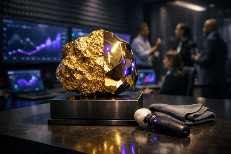 A photorealistic medium-wide cinematic shot, camera positioned approximately 1–2 meters from the subject, capturing a raw, irregular gold nugget mounted on a sleek dark metal pedestal atop a modern conference table, one side still rough and unrefined, the other side freshly polished to a mirror finish beside a folded microfiber cloth and a compact polishing tool, clearly readable within a realistic environment. The object integrates subtle electric-purple #7B63FF accents indicating intelligence or activity without overpowering realism, with faint purple reflections from nearby screens skimming across the polished facets of the gold. Set in a Tech-Noir B2B SaaS pricing war room: a dimly lit product management space with dark gray egg-crate acoustic foam panels covering the back wall, multiple ultra-wide monitors and open laptops on the table displaying abstract analytics dashboards and pricing graphs (no legible text), glass walls fading into shadow, and a diverse group of professionals in business-casual attire standing and seated in the background, slightly out of focus, discussing and gesturing toward the screens. Lighting is low-key and practical, coming from the cool glow of the monitors, a few understated ceiling panels, and a soft integrated white spotlight from above and slightly to the side that gently reveals the form, texture, and depth of the gold nugget, pedestal, and tabletop, casting realistic shadows. Cinematic realism, natural shallow-to-medium depth of field, premium materials, subtle neon purple accents, ultra-detailed, 8K, no captions, no text overlays, no watermarks.