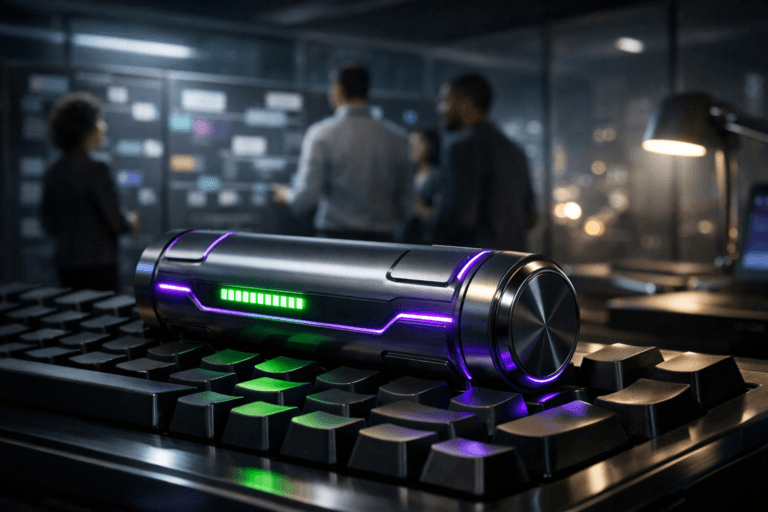 A photorealistic medium-wide cinematic shot, camera positioned approximately 1–2 meters from the subject, capturing a sleek, real-world futuristic lithium battery module with a vivid green LED charge indicator and subtle electric-purple #7B63FF accent light running along its edges, resting lengthwise across the sculpted keycaps of an oversized mechanical keyboard on a large desk, clearly readable as the central hero object within a realistic environment. The object integrates subtle electric-purple accents indicating intelligence, strategic focus, and activity without overpowering the natural metallic textures and the soft reflections on its polished surface. Set in a tech-noir inspired product “war room” at night, a modern corporate workspace with glass walls, faint city lights outside, and a wall of large screens and kanban-style boards in the background showing abstracted blocks and lanes (no readable text), where a small, diverse group of professionals in smart-casual attire are softly blurred, standing and discussing around the screens, reinforcing the idea of product management strategy, roadmap and efficiency. Lighting is low-key and practical, coming from computer monitors, a few ceiling fixtures, and a cool desk lamp, complemented by a soft integrated white spotlight from above and slightly to the side that gently reveals the form, texture, and depth of the lithium battery and the mechanical keyboard keys, casting controlled, cinematic shadows. Cinematic realism, natural shallow-to-medium depth of field, neutral corporate color palette with restrained neon purple accents, premium materials, ultra-detailed, 8K, no captions, no text overlays, no watermarks.