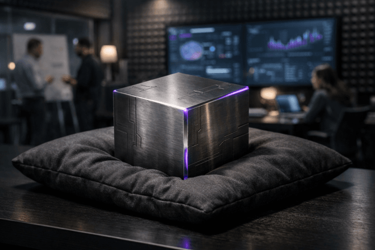 A photorealistic medium-wide cinematic shot, camera positioned approximately 1–2 meters from the subject, capturing a dense matte-metal tungsten cube partially sinking into a soft, dark charcoal fabric cushion on a sleek black table, the cube subtly compressing the cushion under its weight, with finely detailed brushed metal texture and minimal abstract circuit-like etch patterns (no letters, no numbers), clean beveled edges catching faint electric-purple #7B63FF reflections, clearly readable as the central hero object within a realistic environment. The object integrates subtle electric-purple accents indicating intelligence or activity without overpowering realism, with a thin ambient glow along some edges and delicate reflections from nearby screens. Set in a modern Tech-Noir product war-room inside a SaaS tech office, walls covered in dark gray egg-crate acoustic foam panels, background featuring large wall-mounted monitors with futuristic analytics dashboards, glass partitions, and a few diverse professionals (product managers and engineers) in business-casual attire collaborating around laptops and whiteboards, softly out of focus at the periphery to keep the cube and cushion as the main focal point. Lighting is low-key and practical, coming from monitor screens, a distant desk lamp, and a cool-toned window glow, complemented by a soft integrated white spotlight from above and slightly to the side of the cube, gently revealing the form, weight, and texture of the tungsten, the plushness of the cushion, and the geometric pattern of the acoustic foam. Cinematic realism, natural shallow-to-medium depth of field, 35mm lens look, premium materials, subtle Tech-Noir neon accents in electric purple and cool blues against neutral corporate grays and blacks, ultra-detailed, 8K, no text, no captions, no watermarks.