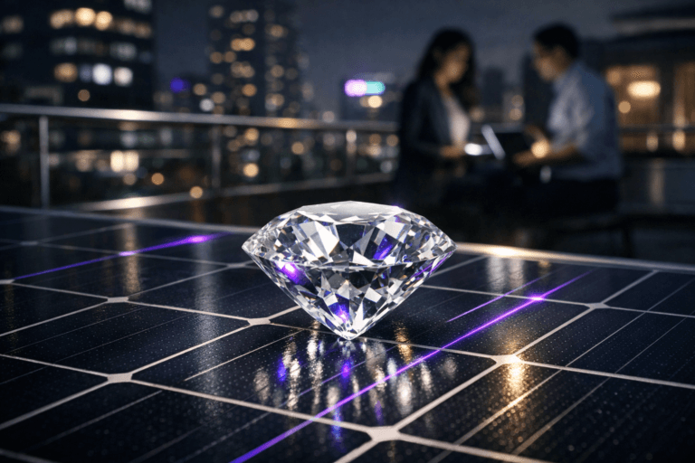 A photorealistic medium-wide cinematic shot, camera positioned approximately 1–2 meters from the subject, framed from a slightly elevated three-quarter isometric-inspired angle, capturing a solid, multifaceted brilliant-cut diamond with a refined, high-end finish resting on a dark-blue photovoltaic solar panel with a precise silver metallic grid, the diamond as the clear hero object symbolizing robust, stable AI deployment pipelines, clearly readable within a realistic environment. The object integrates subtle electric-purple (#7B63FF) accents shimmering within its facets and softly tracing a few of the solar-cell grid lines, indicating intelligence and activity without overpowering realism. Set in a real rooftop solar installation on the terrace of a modern fintech headquarters at night in a dense tech-noir city, with glass parapets and metal railings, the softly defocused skyline showing high-rise buildings, muted neon signage and digital billboards, and a couple of diverse data and engineering professionals in the background near the edge of frame, candidly collaborating over glowing laptops and tablets, their figures softly out of focus so they remain secondary. Lighting is low-key and practical, coming from nearby office windows, device screens and distant city glow, complemented by a soft integrated white spotlight from above and slightly to the side that gently reveals the diamond’s crisp facets, the solar panel’s micro-texture and realistic reflections, creating clean highlights and controlled contrast. Cinematic realism, natural shallow-to-medium depth of field, neutral corporate color palette with restrained electric-purple neon accents, 35mm lens photographic look, premium materials, ultra-detailed, 8K, no captions, no text, no logos, no watermarks.