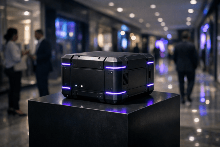 A photorealistic medium-wide cinematic shot, camera positioned approximately 1–2 meters from the subject, capturing a futuristic yet realistic orange airplane flight recorder–style black box device, compact, indestructible and sealed, with matte metal surfaces, fine panel lines, subtle vents and small status LEDs, resting on a sleek dark pedestal in the center of the scene, clearly readable within a realistic environment. The object integrates subtle electric-purple #7B63FF accent lights along its edges and indicator strips, suggesting intelligence and constant monitoring without overpowering realism. Set in a modern shopping mall corridor with glossy porcelain floor tiles, soft reflections, glass storefronts and distant digital screens casting cool blue and purple Tech-Noir glows, with a few diverse professionals in smart-casual attire walking or conversing in the background, softly out of focus on the periphery. Lighting is low-key and practical, coming from overhead mall fixtures and screen glow, complemented by a soft integrated white spotlight from above and slightly to the side that gently reveals the black box’s form, texture and depth, with realistic shadows on the reflective floor. Cinematic realism, 35mm lens look, natural shallow-to-medium depth of field, neutral corporate color palette with restrained neon purple accents, premium materials, ultra-detailed, 8K, no captions, no text overlays, no watermarks.