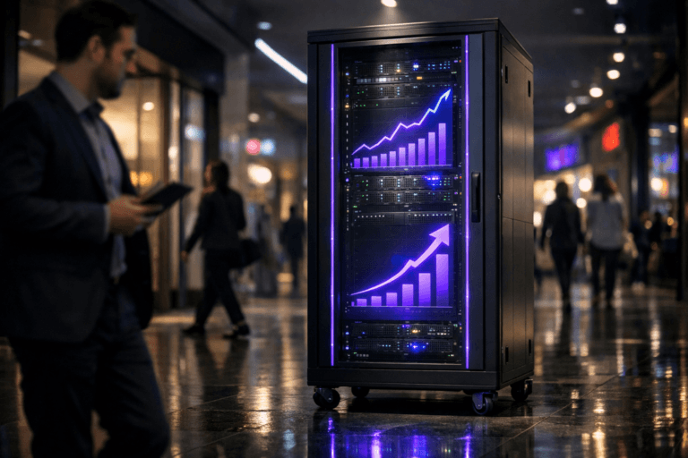 A photorealistic medium-wide cinematic shot, camera positioned approximately 1–2 meters from the subject, capturing a sleek real-world server rack on low-profile wheels with a glass front door as the hero object, its physical status lights subtly blinking and a few internal components softly highlighted, the front of the rack featuring an integrated, bezel-less vertical display showing abstract, text-free marketing and monetization dashboards with rising revenue curves and ROI graphs, clearly readable within a realistic environment. The object integrates subtle electric-purple accents (hex #7B63FF) along the LED strips, display glow, and cable details, indicating intelligence and real-time activity without overpowering realism. Set in a dim, high-end shopping mall corridor with a glossy polished porcelain tile floor reflecting the server’s lights, distant storefronts and signage softly blurred, cool ambient overhead strip lights, and hints of muted neon from shop windows to create a refined Tech-Noir atmosphere, with natural human presence in the background and periphery: a few diverse professionals in smart-casual attire walking past, slightly out of focus, one briefly glancing at the glowing analytics rack while holding a tablet, and scattered shoppers further down the corridor. Lighting is low-key and practical, coming from the mall’s overhead fixtures and nearby storefronts, complemented by a soft integrated white spotlight from above and slightly to the side of the server rack, gently revealing form, glass reflections, metal texture, and depth while keeping the background moody. Cinematic realism, natural shallow-to-medium depth of field, premium materials, crisp reflections, ultra-detailed, 8K, no text, no captions, no watermarks.