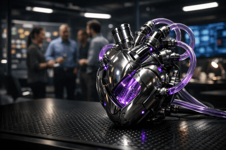 A photorealistic medium-wide cinematic shot, camera positioned approximately 1–2 meters from the subject, capturing a precision-engineered mechanical heart device resting on a black coin-textured anti-slip rubber surface, its polished metal chambers rhythmically pumping a softly glowing electric-purple fluid through transparent tubes with meticulous industrial detailing, clearly readable within a realistic environment. The object integrates subtle electric-purple accents indicating intelligence or activity without overpowering realism. Set in a dimly lit modern tech-office product war room, with glass walls, blurred Kanban boards covered in colorful cards, and large wall-mounted screens casting cool ambient light, while a diverse group of realistic professionals in business-casual attire stand in soft focus in the background, engaged in discussion but secondary to the heart device. Lighting is low-key and practical, coming from overhead office fixtures, screens, and a few desk lamps, complemented by a soft integrated white spotlight from the side that gently reveals the heart’s metallic form, tubing, texture, and depth against the dark rubber flooring. Cinematic realism, natural shallow-to-medium depth of field, neutral corporate color palette with restrained neon purple and teal Tech-Noir accents, premium materials, ultra-detailed, 8K, no captions, no text overlays, no watermarks.