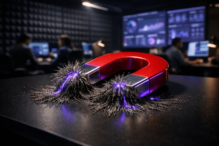 A photorealistic medium-wide cinematic shot, camera positioned approximately 1–2 meters from the subject, capturing a glossy red-and-chrome horseshoe magnet on a matte black desk, its poles densely attracting fine iron filings that align into clear magnetic field patterns, the magnet and filings sharply readable within a realistic environment. The object integrates subtle electric-purple (#7B63FF) accents, with a faint neon reflection along the metal edges and a delicate purple glow threading through parts of the iron filings to indicate intelligence or activity without overpowering realism. Set in a Tech-Noir style modern customer-retention command center, with dark gray acoustic foam “egg-crate” wall panels in the background, large wall-mounted analytics dashboards and CRM screens softly glowing in muted blues and purples, and a small diverse group of marketing and CRM professionals collaborating at workstations in soft focus at the periphery. Lighting is low-key and practical, coming from the screens, a few minimalist desk lamps and ceiling strips, complemented by a soft integrated white spotlight from above and slightly to the side, gently revealing form, texture, and depth on the magnet, filings, and desk surface. Cinematic realism, 35mm lens look, natural shallow-to-medium depth of field, neutral corporate color palette with restrained neon purple accents, premium materials, ultra-detailed, 8K, no text, no captions, no watermarks.