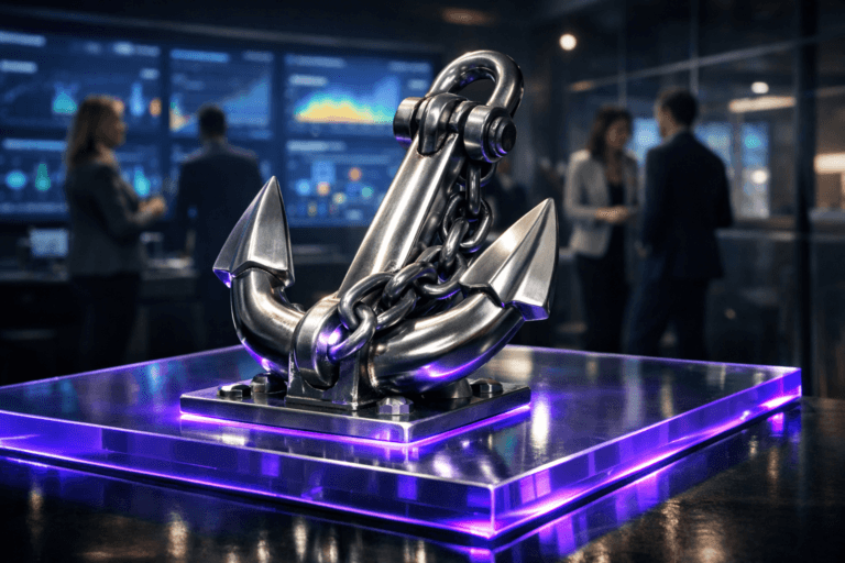 A photorealistic medium-wide cinematic shot, camera positioned approximately 1–2 meters from the subject, capturing a heavy polished steel ship anchor securely fastening a thick metal chain to the floor, displayed as a refined hero object atop a translucent colored acrylic plastic surface that feels like a sleek presentation pedestal in a futuristic customer retention control room, clearly readable within a realistic environment. The object integrates subtle electric-purple (#7B63FF) accents along the edges of the acrylic, faint reflections on the metal, and a gentle inner glow at key contact points, indicating intelligence and activity without overpowering realism. Set in a dimly lit tech-noir corporate customer-operations control room in a modern office, with large wall displays in the background showing abstract customer-retention analytics dashboards, graphs, and heatmaps (no readable text), glass partitions, and a few diverse, professionally dressed people from marketing, sales, CX, and product standing or seated in the periphery, softly out of focus, collaborating and observing the screens while the anchor remains the dominant focal point in the foreground. Lighting is low-key and driven by practical sources from the wall screens and subtle ceiling fixtures, complemented by a soft integrated white spotlight from above and slightly to the side of the anchor, gently revealing the brushed metal texture, glossy acrylic surface, and fine reflections on the floor, creating controlled shadows and depth. Cinematic realism, natural depth of field, premium materials, ultra-detailed, 8K, no captions, no text overlays, no watermarks.