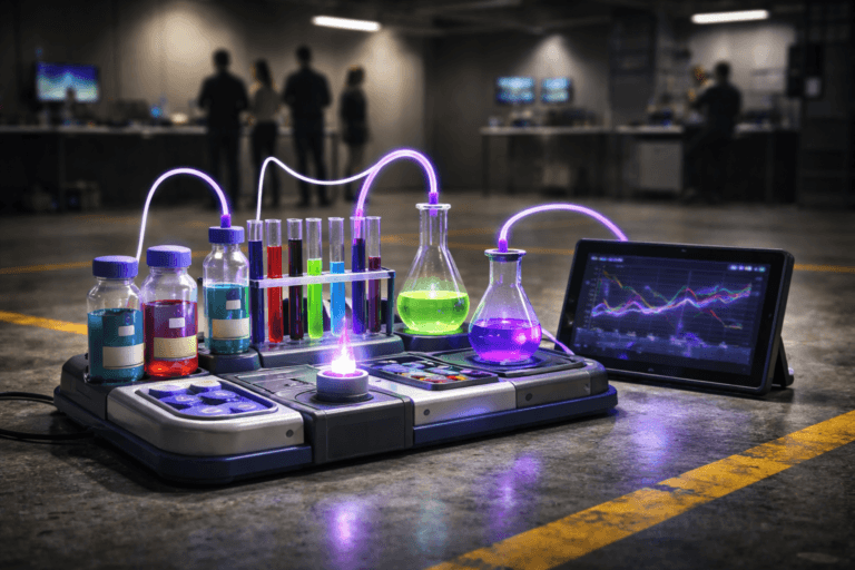 A photorealistic medium-wide cinematic shot, camera positioned approximately 1–2 meters from the subject, capturing a real, physical children's chemistry kit assembled playfully as the refined hero object — clearly readable and physically plausible: plastic beakers, clear test tubes in a rack, labeled reagent bottles (labels not legible), flexible tubing, a small safe LED "Bunsen" lamp prop, and a compact tablet mounted beside the kit showing non-readable line-graph dashboards (no text). The kit integrates subtle electric-purple accents (LED caps, thin rim lights on tubing) using Electric Purple #7B63FF to indicate activity without overpowering realism. Set on a polished industrial concrete factory floor with yellow safety markings and tape, backed by a subtle soft-gradient wall to retain a minimalist backdrop; mid-ground includes a small monitoring station with muted screens and a diverse team of engineers in the background periphery observing candidly (neutral expressions), suggesting a Tech-Noir control-week atmosphere. Lighting: low-key and practical — tablet and monitor screens, overhead industrial fixtures, and a soft integrated white spotlight from above-left gently revealing form, texture, and depth; add a restrained purple rim to accents. Visual style: cinematic photographic realism with subtle Tech-Noir influence, premium materials (matt and glossy plastics, textured concrete, soft rubber tubing), neutral corporate palette (steel gray, concrete, black, warm metallics) with restrained electric-purple highlights. Camera & framing: medium-wide, slight top-down isometric composition (20–25° tilt) to honor the isometric layout, 35mm photographic look, shallow-to-medium depth of field (kit sharply in focus, background softly defocused), natural perspective, ultra-detailed macro texture. Level of realism: hyper-real photorealism, believable scale for viewing at 1–2 meters. Constraints: no text overlays, no captions, no watermarks, no floating or exaggerated glow, no visible brand logos, composition readable from a 1–2 meter distance. Cinematic realism, natural depth of field, premium production quality, ultra-detailed, 8K.