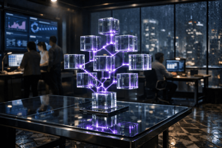 A photorealistic medium-wide cinematic shot, camera positioned approximately 1–2 meters from the subject, capturing a cluster of semi-transparent glass data cubes, each cube subtly glowing from within and organically arranging themselves into a branching tree-like geometric structure above a sleek glass analytics table, clearly readable as the hero object within a realistic environment. The cubes have crisp beveled edges, soft internal reflections, and restrained electric-purple (#7B63FF) accents pulsing along the connections between them to indicate intelligence and metric flows, without overpowering the scene’s realism. Set in a dimly lit, high-end corporate analytics command room with a complex geometric mosaic floor, panoramic glass walls revealing a rainy tech-noir city skyline at night, and multiple large wall-mounted dashboards and holographic interfaces softly illuminating the space. Natural human presence appears in the background and periphery: a diverse group of data professionals in business-casual attire collaborating around secondary workstations, slightly out of focus, neutral expressions, absorbed in their analysis, ensuring the data-cube tree remains the primary focal point. Lighting is low-key and practical, coming from desk lamps, screens, and subtle ceiling strips, complemented by a soft integrated white spotlight from above and slightly to the side, gently revealing the form, texture, and depth of the cubes, the reflections on the glass table, and the intricate patterns of the mosaic floor. Cinematic realism, 35mm lens look, natural shallow-to-medium depth of field, neutral corporate tones with restrained neon purple and cool blue accents, premium materials, ultra-detailed, 8K, no captions, no text overlays, no watermarks.