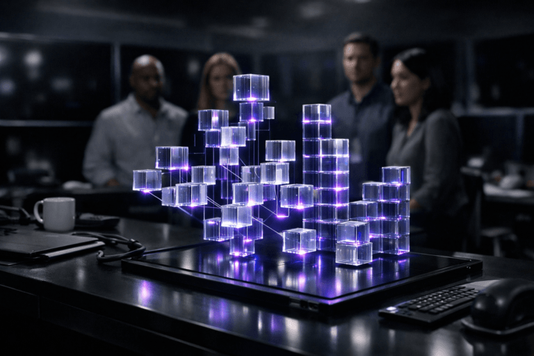A photorealistic medium-wide cinematic shot, camera positioned approximately 1–2 meters from the subject, capturing a precise arrangement of semi-translucent colored data cubes as the hero object — small glass-and-metal cubes, subtly color-coded in cool neutrals with hints of electric purple #7B63FF, hovering just above a sleek black control console and organically snapping into geometric formations that suggest real data structures (trees, graphs, queues, ranked stacks), their edges glowing faintly to indicate intelligent activity while still obeying realistic lighting and reflections. The object integrates subtle electric-purple accents along cube edges and light trails, casting soft reflections onto the console surface and nearby equipment without overpowering the scene. Set in a tech-noir marketing analytics control room, with rows of large dark monitors switched off in the background acting as glossy black mirrors that catch the purple glows and soft ambient reflections, plus scattered real-world details like cables, notebooks, coffee mugs, and ergonomic chairs to make the environment feel lived-in. A small, diverse group of marketing and data professionals in business-casual attire stands and sits around the console in the periphery, slightly out of focus, observing the evolving cube structures with neutral, concentrated expressions, their faces gently illuminated by the soft white spotlight and the subtle purple reflections from the cubes. Lighting is low-key and practical, coming from the console surface, a few dim overhead fixtures, and a controlled soft white spotlight from above and slightly to the side that reveals the cubes’ form, texture, and depth while leaving the far corners of the room in shadow for a tech-noir mood. Cinematic realism with a 35mm lens look, natural shallow-to-medium depth of field, premium materials and surfaces, ultra-detailed, 8K, high dynamic range, neutral corporate color palette with restrained neon purple accents, no captions, no on-screen text, no visible logos, no watermarks.