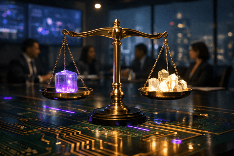 A photorealistic medium-wide cinematic shot, camera positioned approximately 1–2 meters from the subject, capturing a finely crafted golden balance scale as the hero object, resting on a massive green circuit-board-inspired conference table with detailed copper traces; one side of the scale holds a sleek translucent weight with a subtle electric-purple inner glow symbolizing artificial intelligence, while the opposite side holds several warm white crystal-like weights symbolizing human values, both sets of weights clearly readable and physically plausible within the scene. The object integrates subtle electric-purple accents indicating intelligence or activity without overpowering realism. Set in a sophisticated tech-noir corporate AI governance war room at night, with floor-to-ceiling glass walls hinting at a futuristic city skyline in cool blues and greys, large wall-mounted screens displaying abstract data visualizations without any legible text, and a small group of diverse professionals in business attire softly out of focus around the table, engaged in discussion at the background and periphery. Lighting is low-key and practical, combining the glow of screens and concealed ceiling lights, complemented by a soft integrated white spotlight from above and slightly to the side that gently reveals the metallic sheen of the golden scale, the texture of the circuit-board table, and the subtle glow of the luminous weights, emphasizing depth and ethical tension rather than spectacle. Cinematic realism, natural shallow-to-medium depth of field, neutral corporate color palette with restrained electric-purple #7B63FF accents and PCB greens, premium materials, ultra-detailed, 8K, no captions, no text overlays, no logos, no watermarks.