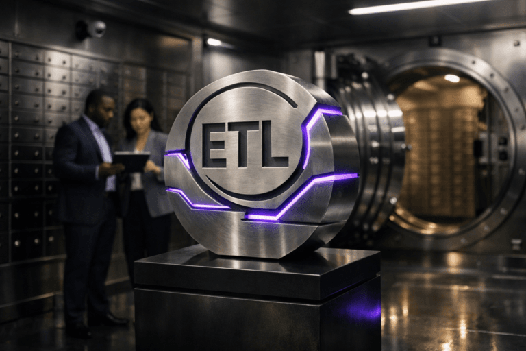 A photorealistic medium-wide cinematic shot, camera positioned approximately 1–2 meters from the subject, capturing a large, three-dimensional isometric ETL brand logo sculpture made of brushed stainless steel, with the stylized ETL logo mark clearly engraved on its front face and subtle electric-purple (#7B63FF) LED accents tracing clean geometric lines that suggest data flows, the logo firmly mounted on a sleek, dark pedestal in the center of the room, clearly readable within a realistic environment. The object integrates subtle electric-purple accents indicating intelligence and activity without overpowering realism. Set inside a high-security bank vault with thick stainless-steel walls, heavy circular vault door partially open in the background, rows of safety deposit boxes and discreet surveillance cameras, polished metal floor catching soft reflections; a couple of realistic, professionally dressed, diverse data and finance professionals stand in the background and near the vault entrance, slightly out of focus, reviewing dashboards on a tablet and laptop, adding natural human presence without distracting from the logo. Lighting is low-key and practical, coming from overhead linear LED strips, indicator lights, and the glow of device screens, complemented by a soft integrated white spotlight from above and slightly to the side that gently reveals the form, metallic texture, and depth of the ETL logo sculpture and pedestal, with subtle neon purple reflections enhancing a Tech-Noir mood. Cinematic realism, 35mm photographic look, natural shallow-to-medium depth of field, neutral corporate tones with restrained electric-purple accents, premium materials, ultra-detailed, 8K, no captions, no text overlays, no watermarks.