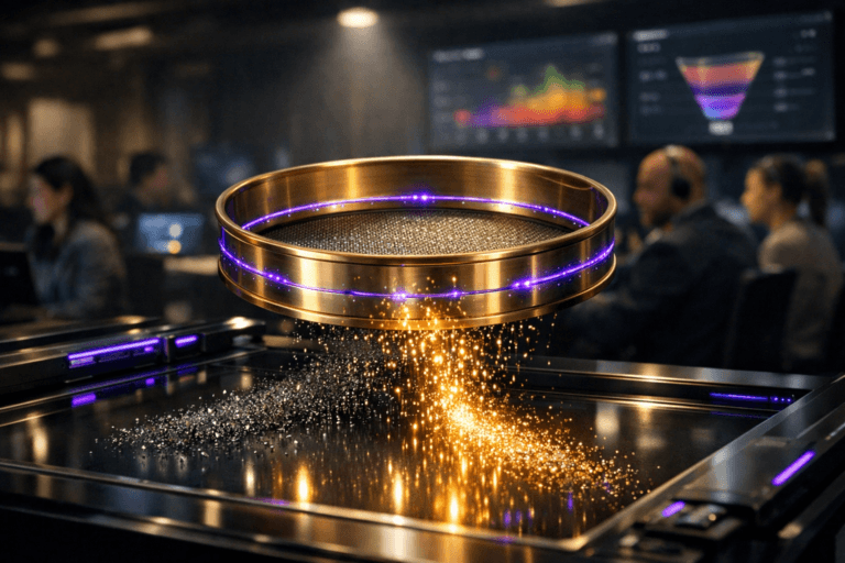 A photorealistic medium-wide cinematic shot, camera positioned approximately 1–2 meters from the subject, capturing a polished gold metal sieve mounted above a sleek glass-topped console where a flowing “river” of data is visualized as streams of tiny light particles, with the sieve realistically separating bright golden particles from dull gray ones, clearly readable as a hero object symbolizing event-based analytics for hybrid events within a realistic environment. The object integrates subtle electric-purple #7B63FF LED accents and fine glowing data traces along its rim and through the filtered golden particles, indicating intelligence and real-time activity without overpowering realism. Set in a dim, futuristic event-operations control room, with large wall-mounted monitors in the background mostly dark and reflective, a few displaying low-intensity dashboards of event funnels, room occupancy heatmaps and live engagement graphs, while a small, diverse group of realistic professionals in business-casual attire work at nearby stations in soft focus, occasionally glancing at the central console like a mission-control for events. Lighting is low-key and practical, coming from the console, ambient monitors and a few overhead fixtures, complemented by a soft integrated white spotlight from above that gently highlights the gold sieve, the flowing data on the glass surface and the surrounding hardware, revealing form, texture and depth. Cinematic realism, 35mm lens look, natural shallow-to-medium depth of field with the sieve and data stream in sharp focus and the people and background monitors subtly blurred, neutral corporate palette with restrained electric-purple neon accents, premium materials, ultra-detailed, 8K, no captions, no on-screen text, no watermarks.