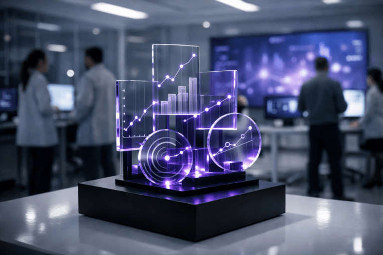 A photorealistic medium-wide cinematic shot, camera positioned approximately 1–2 meters from the subject, capturing a physically plausible tabletop hero sculpture representing event tracking: a sleek matte-black pedestal supporting interlocking translucent acrylic panels and discs arranged in a three-dimensional isometric-inspired composition, each panel etched with minimalist graph lines, data nodes and connecting pathways, subtle electric-purple #7B63FF LED edge lighting pulsing gently through the structure, clearly readable within a realistic environment. The object integrates subtle electric-purple accents indicating intelligence or activity without overpowering realism. Set in a futuristic, clinically clean analytics control room inspired by a sterile laboratory clean room, with glossy white floors, glass partitions, ceiling-mounted light panels, softly glowing wall-sized screens showing abstract, textless dashboards, and a distant window hinting at a moody night cityscape with restrained neon reflections, with natural human presence in the background or periphery. Diverse data and marketing professionals in smart-casual attire and discrete lab-style jackets move and collaborate around standing desks and monitors, softly out of focus so the sculpture remains the clear focal point. Lighting is low-key and practical, driven by the cool glow of screens and overhead fixtures, complemented by a soft integrated white spotlight from above and slightly to the side of the sculpture, gently revealing form, texture, and depth on the acrylic surfaces and pedestal. Cinematic realism, natural depth of field, premium materials, ultra-detailed, 8K, no captions, no text overlays, no logos, no watermarks.