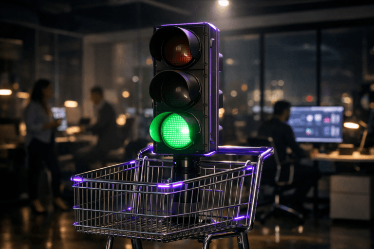 A photorealistic medium-wide cinematic shot, camera positioned approximately 1–2 meters from the subject, capturing a full-size urban traffic light with the green light illuminated, realistically constructed in metal and glass and securely mounted on top of a chrome wire shopping cart in the center of a sleek digital marketing office, clearly readable within a realistic environment. The object integrates subtle electric-purple #7B63FF accents indicating intelligence or activity without overpowering realism, such as faint LED strips along the cart frame and a gentle purple rim-light on the traffic light housing. Set in a contemporary tech-noir digital agency at night, with large windows revealing a softly glowing cityscape, multiple screens showing abstract, out-of-focus analytics dashboards, glass partitions, and minimalist furniture, with a few diverse marketing professionals in smart-casual attire working and collaborating in the background, softly blurred in the periphery. Lighting is low-key and practical, coming from computer monitors, desk lamps, and faint city light, complemented by a soft integrated white spotlight from above and slightly to the side, gently revealing the form, texture, and depth of the traffic light and chrome cart while casting subtle reflections on the polished floor. Cinematic realism, natural shallow-to-medium depth of field, 35mm lens look, neutral corporate color palette with restrained neon purple accents, premium materials, ultra-detailed, 8K, no captions, no text overlays, no watermarks.