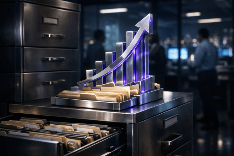 A photorealistic medium-wide cinematic shot, camera positioned approximately 1–2 meters from the subject, capturing a polished real-world hero object representing Expansion Revenue: a solid brushed-steel and glass desk sculpture formed by ascending interlocking bars and arrows emerging from a cluster of neatly organized folders, placed on top of a slightly open steel filing-cabinet drawer with other drawers subtly ajar, folder tabs and labels clearly visible but not readable, the sculpture’s edges and inner seams carrying a restrained electric-purple #7B63FF glow that suggests data flow and growth while remaining grounded in physical realism, clearly readable within a realistic environment. The object integrates subtle electric-purple accents indicating intelligence or activity without overpowering realism. Set in a Tech-Noir corporate back-office records room at night, dominated by a tall steel filing cabinet in the foreground, with glass partitions behind it softly reflecting the cool glow of nearby analytics monitors and distant city lights, and the blurred silhouettes of diverse professionals in business-casual attire moving and collaborating in the background and through the glass, creating a believable, data-driven operations space with a slightly futuristic mood, all folder labels and screen content intentionally out of focus with no legible text or UI. Lighting is low-key and practical, coming from overhead office fixtures, the cool spill of monitor light, and a soft integrated white spotlight from above and slightly to the side that gently sculpts the sculpture and cabinet, revealing metal grain, glass reflections, and paper texture while letting the surroundings fall into rich shadow. Cinematic realism, natural depth of field, premium materials, ultra-detailed, 8K, no captions, no on-screen text, no logos, no watermarks.