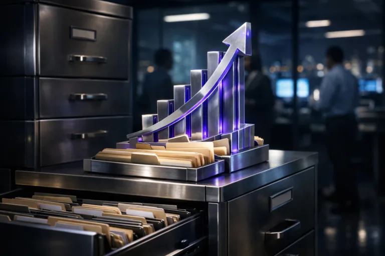 A photorealistic medium-wide cinematic shot, camera positioned approximately 1–2 meters from the subject, capturing a polished real-world hero object representing Expansion Revenue: a solid brushed-steel and glass desk sculpture formed by ascending interlocking bars and arrows emerging from a cluster of neatly organized folders, placed on top of a slightly open steel filing-cabinet drawer with other drawers subtly ajar, folder tabs and labels clearly visible but not readable, the sculpture’s edges and inner seams carrying a restrained electric-purple #7B63FF glow that suggests data flow and growth while remaining grounded in physical realism, clearly readable within a realistic environment. The object integrates subtle electric-purple accents indicating intelligence or activity without overpowering realism. Set in a Tech-Noir corporate back-office records room at night, dominated by a tall steel filing cabinet in the foreground, with glass partitions behind it softly reflecting the cool glow of nearby analytics monitors and distant city lights, and the blurred silhouettes of diverse professionals in business-casual attire moving and collaborating in the background and through the glass, creating a believable, data-driven operations space with a slightly futuristic mood, all folder labels and screen content intentionally out of focus with no legible text or UI. Lighting is low-key and practical, coming from overhead office fixtures, the cool spill of monitor light, and a soft integrated white spotlight from above and slightly to the side that gently sculpts the sculpture and cabinet, revealing metal grain, glass reflections, and paper texture while letting the surroundings fall into rich shadow. Cinematic realism, natural depth of field, premium materials, ultra-detailed, 8K, no captions, no on-screen text, no logos, no watermarks.
