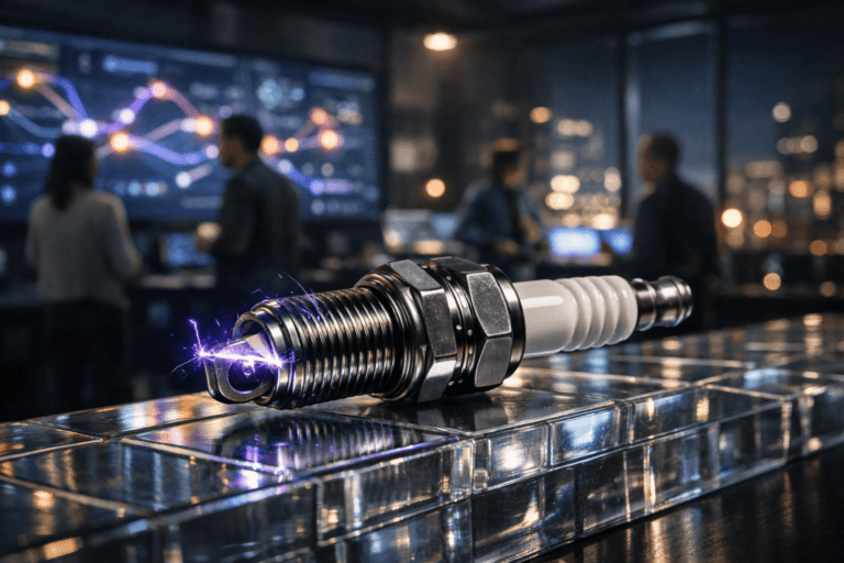 A photorealistic medium-wide cinematic shot, camera positioned approximately 1–2 meters from the subject, capturing a highly detailed chrome spark plug as the hero object, resting on a sleek tabletop made of translucent glass bricks, the plug firing a visible electric arc that subtly glows with electric purple #7B63FF accents to suggest intelligent energy and data without overpowering realism. Set in a dark, high-end corporate customer-experience analytics command center at night, with floor-to-ceiling windows revealing a softly blurred city skyline and multiple large screens in the background showing abstract customer journey maps and analytics dashboards as flowing neon paths and nodes (no legible text). Natural human presence in the periphery: a diverse group of modern professionals in business-casual attire, softly out of focus, collaborating around the screens and glass-brick surfaces, their faces lit by monitor glow. Lighting is low-key and practical, coming from the monitors, a few desk lamps, and city lights, complemented by a soft integrated white spotlight from above and slightly to the side that sculpts the spark plug and the textured glass bricks, revealing fine metal machining, reflections, and subtle shadows. Cinematic photographic realism with a subtle Tech-Noir mood, neutral corporate tones with restrained electric-purple and cool blue accents, 35mm–50mm lens look, natural shallow-to-medium depth of field, premium materials, ultra-detailed, 8K, no captions, no text overlays, no watermarks.