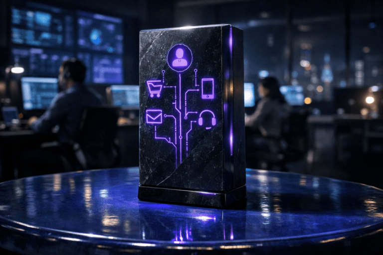 A photorealistic medium-wide cinematic shot, camera positioned approximately 1–2 meters from the subject, capturing a sleek black stone-and-glass monolith sitting on a glossy cobalt-blue glazed ceramic tabletop, its finely engraved, circuit-like symbols glowing softly in electric purple #7B63FF, evoking a unified digital customer journey control hub, clearly readable within a realistic environment. The object integrates subtle electric-purple accents indicating intelligence or activity without overpowering realism, with gentle neon reflections on the cobalt ceramic surface. Set in a dimly lit, glass-walled digital customer experience operations center at night, with large wall-mounted dashboards and computer monitors casting cool bluish ambient light, a diverse group of professionals in smart casual attire working at their stations in the background and periphery, slightly out of focus, and hints of a futuristic city skyline visible through the windows, contributing to a subtle Tech-Noir atmosphere. Lighting is low-key and practical from screens and desk lamps, complemented by a soft integrated white spotlight from above and slightly to the side of the monolith, gently revealing form, texture, and depth of the stone, glass, and ceramic materials. Cinematic realism, natural shallow-to-medium depth of field, premium materials, ultra-detailed, 8K, no captions, no on-screen text, no watermarks.