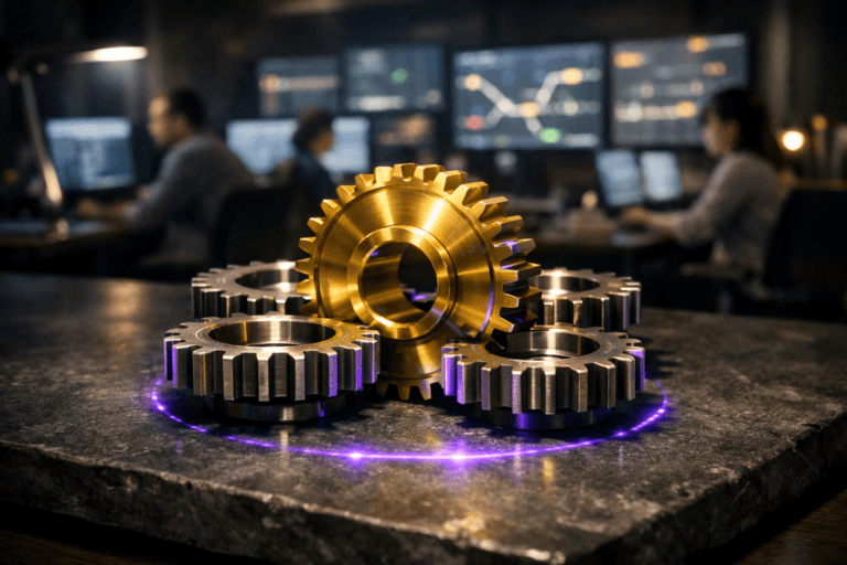 A photorealistic medium-wide cinematic shot, camera positioned approximately 1–2 meters from the subject, capturing a polished golden master gear resting on a matte gray soapstone surface at the center of a modern desk, physically interlocked with several smaller brushed-steel gears around it, finely machined teeth and subtle wear, clearly readable within a realistic environment. The object integrates subtle electric-purple (#7B63FF) accents indicating intelligence or activity without overpowering realism, such as faint reflections along the gear edges and a minimal halo of interface-like light on the stone. Set in a contemporary tech-noir developer operations war room at night, a refined open-plan product and engineering control room with dark walls, neutral furniture, and a distant wall of softly out-of-focus monitors showing abstract metro-style journey maps and dashboards in muted neutrals with restrained neon highlights, with a few diverse software engineers in business-casual attire collaborating quietly around their screens in the background, slightly blurred and secondary to the gears. Lighting is low-key and practical, coming from monitors and a sleek desk lamp, complemented by a soft integrated white spotlight from above, gently revealing the metallic sheen of the gears and the textured stone surface, with natural shallow-to-medium depth of field and soft cinematic shadows. Cinematic realism, 35mm lens look, ultra-detailed, premium materials, high dynamic range, no text, no captions, no watermarks, 8K.