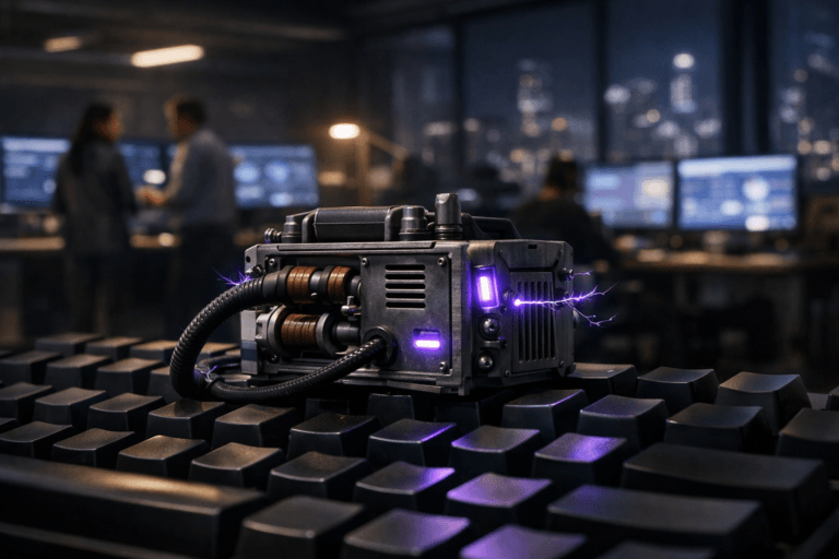 A photorealistic medium-wide cinematic shot, camera positioned approximately 1–2 meters from the subject, capturing a compact industrial electrical transformer device resting across the raised keycaps of an oversized black mechanical keyboard on a modern corporate workstation, the metal casing finely detailed with vents, cables and insulated coils, subtle electric-purple #7B63FF indicator glows and faint, realistic static arcs suggesting powerful, always-on employee-experience systems, clearly readable within a realistic environment. The object integrates subtle electric-purple accents indicating intelligence or activity without overpowering realism. Set in a dim, tech-forward open-plan office at night, with panoramic windows hinting at a futuristic city skyline, multiple workstations illuminated by CRM and analytics dashboards on ultra-wide monitors, and a few diverse professionals in business-casual attire collaborating in the background, softly out of focus, conveying alignment between employee experience and customer journey in a tech-noir corporate setting. Lighting is low-key and practical, coming from monitor screens, a desk lamp and distant ceiling panels, complemented by a soft integrated white spotlight from above or the side, gently revealing form, texture and depth on the transformer and keyboard. Cinematic realism, natural shallow-to-medium depth of field, premium materials, ultra-detailed, 8K, no captions, no visible text on keys or screens, no watermarks.