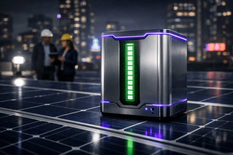 A photorealistic medium-wide cinematic shot, camera positioned approximately 1–2 meters from the subject, capturing a sleek, futuristic lithium battery module with a clear vertical green LED charge indicator, resting solidly on a dark blue photovoltaic solar panel with a precise silver grid pattern, the battery designed as a premium industrial object with clean brushed-metal surfaces and subtle interface details, clearly readable within a realistic environment. The object integrates subtle electric-purple (#7B63FF) accent lines and reflections along its edges and status lights, indicating intelligence or activity without overpowering realism. Set on a nighttime rooftop solar installation in a dense modern city, rows of dark blue solar panels receding into the distance, blurred high-rise buildings and neon-lit billboards in the background casting soft tech-noir glows, with two diverse, professionally dressed technicians in the mid-ground walking between the panels and checking a tablet, their figures softly out of focus to keep the battery as the hero object. Lighting is low-key and practical, coming from the cool ambient city glow and a nearby rooftop work lamp, complemented by a soft integrated white spotlight from above and slightly to the side of the battery, gently revealing form, texture, and depth on the metal housing and solar cells, with subtle specular highlights and soft shadows. Cinematic realism, natural shallow-to-medium depth of field, 35mm lens look, neutral corporate color palette with restrained electric-purple neon accents, premium materials, ultra-detailed, 8K, no captions, no text overlays, no watermarks, not isometric, not illustrated, hyperreal photographic style.