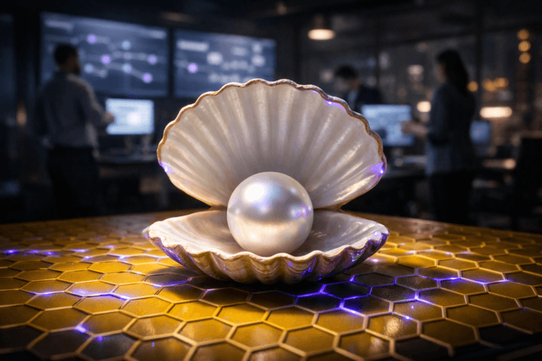A photorealistic medium-wide cinematic shot, camera positioned approximately 1–2 meters from the subject, capturing a flawless luminous pearl nestled inside an elegantly opened seashell with precise, premium finish, resting on a sleek yellow synthetic honeycomb-patterned surface, clearly readable as the hero object within a realistic environment. The object integrates subtle electric-purple (#7B63FF) accents indicating intelligence and data flow, seen as faint luminous lines traveling through the honeycomb cells and as soft reflections on the pearl and shell edges, without overpowering realism. Set in a dimly lit, tech-noir inspired product analytics war room inside a modern SaaS office at night, with large wall-mounted screens in the background showing abstract UI layouts and journey-map style diagrams (no legible text), and a few diverse UX and product professionals in soft focus, standing or collaborating around workstations, their presence secondary to the pearl and shell. Lighting is low-key and practical, coming from the monitors, a distant city glow through a glass wall, and a soft integrated white spotlight from the upper side gently revealing the form, texture, and depth of the shell, pearl, and honeycomb surface. Cinematic realism, 35mm–50mm lens look, natural shallow-to-medium depth of field, subtle corporate neutrals with restrained neon purple accents, premium materials, ultra-detailed, 8K, no captions, no text overlays, no watermarks.