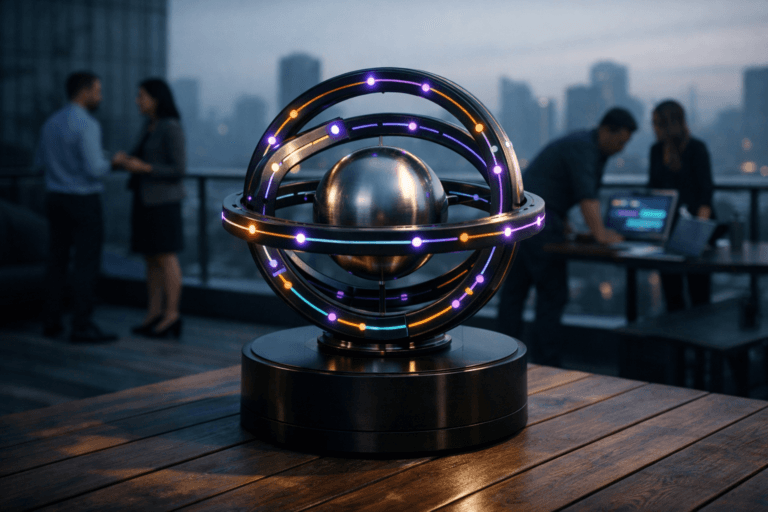 A photorealistic medium-wide cinematic shot, camera positioned approximately 1–2 meters from the subject, capturing a compact experimental fusion reactor core as the hero object: a solid brushed-metal sphere suspended precisely within three concentric magnetic rings, each ring segmented by thin, glowing lines that resemble a colorful metro map or user-journey diagram, all mounted on a sleek dark pedestal resting on a real wooden outdoor deck, clearly readable within a realistic environment. The object integrates subtle electric-purple (#7B63FF) accents pulsing softly along the ring segments and around small indicator nodes, suggesting intelligence and data flow without overpowering realism. Set in a tech-noir rooftop terrace environment at early morning, on a wooden deck bordered by a glass railing, with a cool-toned, slightly hazy city skyline and high-rise silhouettes softly blurred in the background, and a few diverse UX and product professionals in business-casual attire in the periphery — some standing and discussing, others leaning over open laptops and tablets that display abstract interface flows and journey maps with no legible text — all slightly out of focus so the reactor core remains the clear focal point. Lighting is low-key and practical, combining dim ambient dawn light, subtle glow from nearby device screens, and a soft integrated white spotlight from the side, gently revealing the form, texture, and reflections of the sphere, magnetic rings, and wooden deck, casting long, cinematic shadows. Cinematic realism, natural shallow-to-medium depth of field, neutral corporate color palette with restrained neon purples and cyans, premium materials, ultra-detailed, 8K, 35mm lens, no captions, no text overlays, no watermarks.