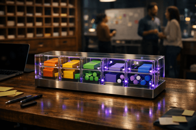 A photorealistic medium-wide cinematic shot, camera positioned approximately 1–2 meters from the subject, capturing a refined real-world hero object: a sleek tabletop “product experimentation console” sitting on a wooden mail-sorting desk — a solid clear acrylic and brushed-metal rectangular sculpture divided into small transparent compartments and channels, filled with neatly arranged colored cards and tokens that symbolize experiments moving through stages, with subtle embedded LED strips and indicator dots softly glowing electric purple #7B63FF to suggest data-driven intelligence and activity without feeling sci-fi. The console is surrounded by a laptop, scattered pens, and a few blurred sticky notes, all grounded in reality. Set in a tech-noir reimagining of a postal sorting room inside a modern Brazilian e-commerce office at night, with a wall of warm wooden mail cubbyholes in the background repurposed as experiment slots, glass partitions revealing soft city lights, and a few diverse professionals in business-casual attire visible in the periphery, candidly discussing a roadmap around a blurred whiteboard and kanban-style board, always secondary to the hero object. Lighting is low-key and practical, coming from desk lamps, computer screens, and a cool overhead fixture, complemented by a soft integrated white spotlight from the side that gently reveals the form, polished surfaces, and textures of the experimentation console and wooden desk, while the electric-purple accents add a restrained tech-noir glow. Cinematic realism, 35mm lens look, natural shallow-to-medium depth of field, premium materials, ultra-detailed, 8K, no captions, no text overlays, no watermarks.