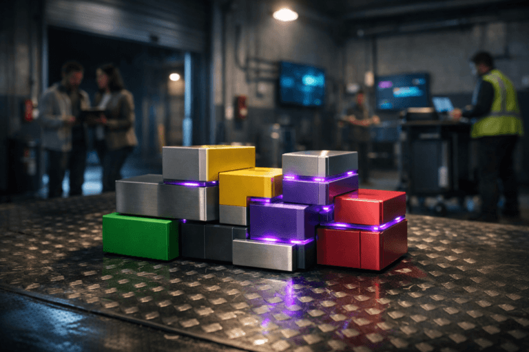 A photorealistic medium-wide cinematic shot, camera positioned approximately 1–2 meters from the subject, capturing a waist-high arrangement of sleek, modular construction blocks as the hero object — solid, real-world blocks in premium matte acrylic and brushed metal, stacked and interlocked into a precise, organized structure on the floor, their segments subtly coded in green, yellow, red and electric purple #7B63FF to evoke an intelligent experimentation dashboard for SEO decisions. The object is clearly readable within a realistic environment and grounded on a slightly worn metallic checkered-plate loading dock floor inside a contemporary tech warehouse, where the dock has industrial roller doors, cable conduits, and a few wall-mounted monitors softly displaying abstract experiment-status graphics in the background. The object integrates subtle electric-purple accents indicating intelligence or activity without overpowering realism, with thin purple LED strips running through some of the blocks and a faint internal glow where pieces connect. Set in a refined Tech-Noir loading dock environment at night, with cool neutral corporate tones, soft blue-gray ambient light leaking in from an open bay door, and practical light sources from overhead industrial lamps and nearby screens. In the periphery, a small, diverse group of realistic marketing and analytics professionals in smart-casual clothing and light safety vests stand or walk through the scene, glancing at tablets or a nearby rolling workstation, their presence secondary and slightly out of focus to keep the modular structure as the main focal point. Lighting is low-key and practical, complemented by a soft integrated white spotlight from above and slightly to the side, gently revealing the form, texture, and depth of the interlocking blocks and the metallic dock floor, casting crisp but controlled shadows and subtle reflections. Cinematic realism, 35mm lens, natural shallow-to-medium depth of field, premium materials, ultra-detailed, high dynamic range, 8K, no text, no captions, no watermarks.