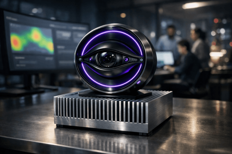 A photorealistic medium-wide cinematic shot, camera positioned approximately 1–2 meters from the subject, capturing a sleek physical eye-tracking device as the hero object: a glossy black and brushed aluminum sculpture shaped like a human eye embedded inside a circular sensor ring, with tiny integrated camera lenses and sensor nodes, mounted firmly on a solid aluminum heatsink block with sharply defined cooling fins, resting on a metallic workstation surface. The heatsink’s ridged aluminum texture is crisp and tactile, emphasizing precision hardware, while the device itself includes a slim, continuous electric-purple #7B63FF LED accent ring and a few subtle purple status indicators, suggesting active data capture and intelligence without overpowering realism. Set in a modern tech-noir UX analytics lab at night, inspired by a Brazilian e-commerce and product team environment: large curved monitors in the mid-ground display softly blurred, textless UI layouts and heatmap-like color patterns, glass walls reveal a hint of a city skyline with scattered neon reflections, and a small group of diverse professionals in smart-casual attire stand or sit in the background, slightly out of focus, reviewing results and collaborating around another workstation. Lighting is low-key and practical, driven by the cool glow of monitors, a distant desk lamp, and a faint city light spill, complemented by a soft integrated white spotlight from above that grazes the hero device and heatsink fins, gently revealing form, texture, and depth while letting the background fall into a subtle vignette. Cinematic realism, 35mm lens look, natural shallow-to-medium depth of field, neutral corporate palette with restrained electric-purple accents, premium materials, ultra-detailed, 8K, no captions, no text overlays, no watermarks.