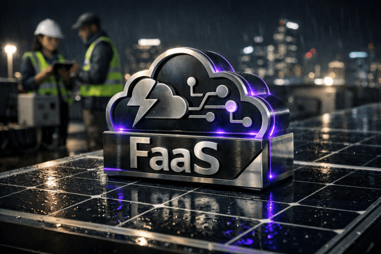 A photorealistic medium-wide cinematic shot, camera positioned approximately 1–2 meters from the subject, capturing a solid three-dimensional isometric FaaS logo as a physical polished metal and glass object resting securely on a dark blue photovoltaic solar panel with a precise silver grid, the wordmark “FaaS” clearly visible on the front face and subtle iconography suggesting cloud functions and event triggers, logo edges softly accented with faint electric-purple #7B63FF light indicating intelligent activity, clearly readable within a realistic environment. The object integrates subtle electric-purple accents indicating intelligence or activity without overpowering realism. Set in a nighttime rooftop solar installation overlooking a modern tech-city skyline in soft focus, with rain-slicked panels, neutral corporate tones (charcoal, steel gray, deep blue) and restrained neon reflections creating a grounded Tech-Noir mood, a couple of diverse engineers in safety vests and business-casual clothing in the background inspecting tablets and control equipment near additional solar arrays and low-profile HVAC units, slightly out of focus so the FaaS logo and solar panel remain the hero. Lighting is low-key and practical, coming from rooftop work lights, city glow, and tablet screens, complemented by a soft integrated white spotlight from above or the side, gently revealing form, texture, and depth on the FaaS logo and solar panel surface with realistic reflections, micro-scratches, and subtle ambient haze. Cinematic realism, natural depth of field, premium materials, ultra-detailed, 8K, no captions, no extraneous text overlays, no watermarks.