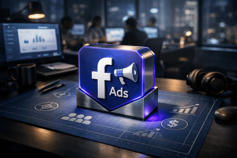 A photorealistic medium-wide cinematic shot, camera positioned approximately 1–2 meters from the subject, capturing a solid 3D isometric Facebook Ads logo sculpture made of polished deep-blue acrylic and brushed metal, featuring the official Facebook Ads logo clearly visible on its front face, resting on a large blue blueprint-style grid paper sheet spread neatly across a sleek dark workstation desk, surrounded by subtle engraved iconography representing ad campaigns, targeting and analytics, clearly readable within a realistic environment. The object integrates subtle electric-purple (#7B63FF) accents in the form of thin edge lighting and a faint internal glow indicating intelligence or activity without overpowering realism. Set in a dimly lit nighttime digital marketing control-room office, with multiple ultra-wide monitors and laptops on and around the desk softly displaying defocused Facebook Ads dashboards, scattered pens, a mouse, headphones and a coffee mug on the tabletop, and a distant glass window revealing a cool-toned city skyline with restrained neon reflections, with natural human presence in the background or periphery as a diverse group of digital marketers collaborate at nearby workstations, seen as soft-focus silhouettes and reflections on the glass. Lighting is low-key and practical, coming from monitor glow, a small desk lamp and faint city light, complemented by a soft integrated white spotlight from above and slightly to the side, gently revealing form, texture, and depth. Cinematic realism, natural depth of field, premium materials, ultra-detailed, 8K, no captions, no text overlays, no watermarks.