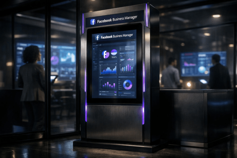 A photorealistic medium-wide cinematic shot, camera positioned approximately 1–2 meters from the subject, capturing a sleek, real-world self-service analytics kiosk as the hero object: a premium vertical touchscreen terminal inside a semi-enclosed booth, showing the Facebook Business Manager dashboard with the official Facebook Business Manager logo clearly visible at the top of the interface and subtly on the kiosk frame, all physically mounted and grounded. The screen UI is suggested with charts, graphs and panels, mostly abstract and non-legible, while the Facebook Business Manager logo remains crisp and readable. The kiosk features subtle electric-purple #7B63FF light accents along its edges and in key interface highlights, indicating intelligence and activity without overpowering the neutral, corporate materials of matte black metal, brushed aluminum and smoked glass. Set in a tech-noir reinterpretation of a self-service kiosk booth inside a modern corporate “war room” for marketing operations, with glass partitions, other softly glowing dashboards on distant walls, and a few diverse marketing professionals in the background and periphery, standing or leaning naturally as they review campaign data on screens, slightly out of focus. Lighting is low-key and practical, coming from the kiosk screen, faint overhead office strips and a few side lamps, complemented by a soft integrated white spotlight from above that gently reveals the kiosk’s form, texture and depth, casting controlled reflections on the glass surfaces. Cinematic realism, 35mm lens look, natural shallow-to-medium depth of field, subtle neon blue and electric-purple accents against neutral greys and deep shadows, premium materials, ultra-detailed, 8K, no floating elements, no captions, no text overlays or watermarks.