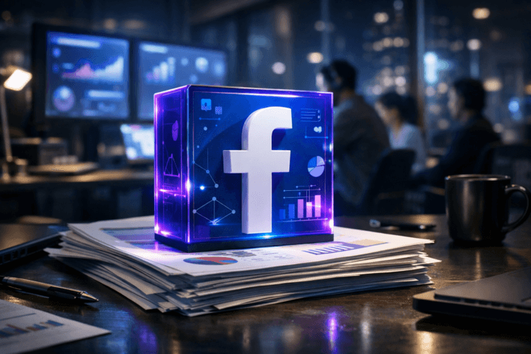 A photorealistic medium-wide cinematic shot, camera positioned approximately 1–2 meters from the subject, capturing a solid 3D isometric Facebook logo as a physical acrylic sculpture resting on a neatly stacked pile of printed performance reports and financial charts on a modern office desk, the official Facebook “f” logo clearly visible on the front face in corporate blue, with subtle interface-like iconography and data visualizations suggested around it without any readable text. The object integrates subtle electric-purple (#7B63FF) edge lighting and internal glow accents, hinting at intelligent optimization and real-time analytics without overpowering realism. Set in a contemporary performance-marketing war-room office at night, with large monitors in the background softly displaying abstracted Facebook Ads dashboards, glass walls revealing a tech-noir cityscape with cool blue and purple reflections, and a small group of diverse marketing professionals working at their screens in the periphery, slightly out of focus and naturally posed. Lighting is low-key and practical, coming from monitor glow, a desk lamp, and a soft integrated white spotlight from above that gently reveals the logo’s glossy surfaces, the paper texture of the printed reports, and the subtle clutter of pens, a laptop, and a coffee mug around the stack. Cinematic realism, natural shallow-to-medium depth of field, premium materials, ultra-detailed, 8K, no captions, no on-screen text, no watermarks.