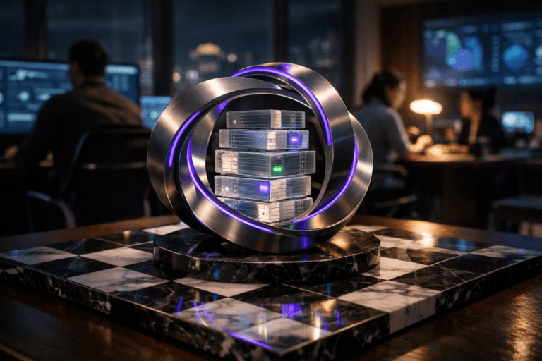 A photorealistic medium-wide cinematic shot, camera positioned approximately 1–2 meters from the subject, capturing a meticulously crafted tabletop sculpture symbolizing recurring billing: interlocking brushed-metal rings forming a continuous loop around stacked translucent glass blocks that resemble invoices and contracts, with tiny embedded indicator lights, all resting at the center of a large polished black-and-white marble chessboard on a dark wooden desk, clearly readable within a realistic environment. The object integrates subtle electric-purple #7B63FF accents along the edges of the rings and softly glowing indicators, suggesting intelligence and constant financial flow without overpowering realism. Set in a dimly lit, tech-noir Brazilian fintech control room at night, with floor-to-ceiling windows hinting at a blurred city skyline and multiple large, out-of-focus monitors showing abstract dashboard graphics, while a small group of diverse professionals in smart-casual attire work at their stations in the background and periphery, naturally candid and secondary to the sculpture. Lighting is low-key and practical, combining the cool glow of screens and desk lamps with a soft integrated white spotlight from above and slightly to the side, gently revealing the form, texture, and reflections of the metal, glass, and marble chessboard surface, with subtle neon purple and teal accents in the ambient light. Cinematic realism, natural shallow-to-medium depth of field, premium materials, ultra-detailed, 8K, no text, no captions, no watermarks.