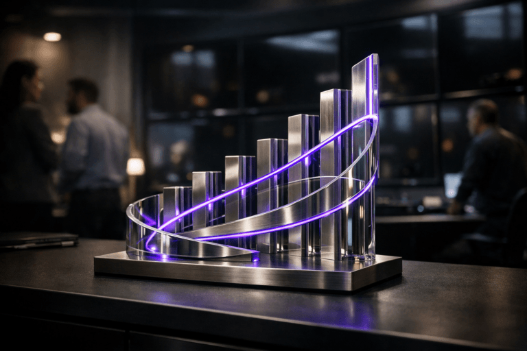 A photorealistic medium-wide cinematic shot, camera positioned approximately 1–2 meters from the subject, capturing a sleek real-world hero object representing feature adoption: a solid glass-and-brushed-metal desk sculpture made of rising, interlocking bars and curved segments forming an abstract funnel and timeline, placed on a matte black control-room console, its structure clearly readable and tactile. The sculpture integrates subtle electric-purple (#7B63FF) LED accents delicately tracing key bars and edges, suggesting intelligent live data flow without overpowering the natural materials or realism. Set in a dim Tech-Noir-inspired product control room, with a wall of large monitors in the background turned off, their dark glossy screens showing soft, distorted reflections of the room and distant city lights; a few diverse, realistic product team members are visible in the background and periphery, standing or leaning near secondary workstations, engaged in quiet discussion, dressed in modern professional attire, slightly out of focus so the sculpture remains the primary focal point. Lighting is low-key and practical, coming from sparse desk lamps and subtle ceiling fixtures, complemented by a soft integrated white spotlight from above and to the side that gently reveals the sculpture’s form, texture, and depth with rich highlights and soft shadows. Cinematic photographic realism, 35mm lens look, natural shallow-to-medium depth of field, neutral corporate color palette with restrained neon purple accents, premium materials, ultra-detailed, 8K, no captions, no text overlays, no watermarks.