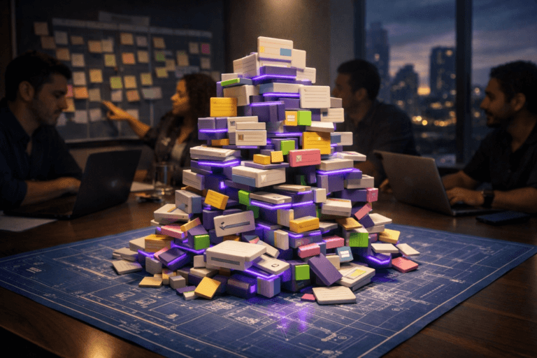A photorealistic medium-wide cinematic shot, camera positioned approximately 1–2 meters from the subject, capturing a dense, physically plausible desk sculpture made of stacked, colorful Kanban-style cards and interlocking feature blocks that overflow chaotically beyond their base, placed on a large blue engineering blueprint sheet stretched flat across a clean meeting table, clearly readable within a realistic environment and symbolizing Feature Creep. The object integrates subtle electric-purple #7B63FF accents glowing faintly along card edges and seams between blocks, indicating intelligence and hidden activity without overpowering realism. Set in a modern Tech-Noir SaaS product office at dusk, with floor-to-ceiling windows showing a moody city skyline, a wall-mounted Kanban board in the background packed with sticky notes, and a diverse group of Brazilian product and engineering professionals softly out of focus around the table, reviewing laptops and gesturing toward the cluttered board at the periphery. Lighting is low-key and practical, coming from desk lamps, laptop screens, and distant office fixtures, complemented by a soft integrated white spotlight from above that grazes the sculpture and blueprint, gently revealing form, texture, and depth while leaving the background in a subtle vignetted shadow. Cinematic realism, 35mm lens look, natural shallow-to-medium depth of field, neutral corporate color palette with restrained neon purple reflections, premium materials, ultra-detailed, 8K, no text, no UI, no watermarks.