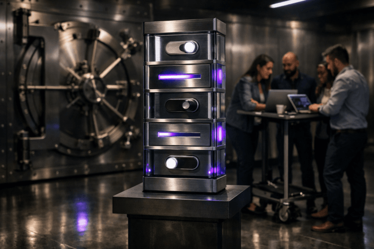 A photorealistic medium-wide cinematic shot, camera positioned approximately 1–2 meters from the subject, capturing a waist-high glass-and-brushed-metal control totem symbolizing feature flags, built as a vertical stack of physical toggle switches and sliding panels with soft internal illumination and subtle electric-purple #7B63FF accent lines, standing on a solid pedestal in the center of the room, clearly readable within a realistic environment. The object integrates subtle electric-purple accents indicating intelligence or activity without overpowering realism. Set inside a high-security bank vault with thick brushed stainless-steel walls, a massive circular vault door and exposed locking bolts in the background, polished metal floor reflecting faint neon highlights, with a small, diverse group of professionals in smart-casual attire at the periphery and in the background, candidly collaborating around laptops and tablets on a slim rolling workstation, slightly out of focus. Lighting is low-key and practical, combining cool overhead strips and device glow with a soft integrated white spotlight from above and slightly to the side of the hero object, gently revealing form, texture, and depth, with natural shadows and subtle reflections across the steel surfaces. Cinematic realism, 35mm lens look, natural depth of field, neutral corporate color palette with restrained neon purple accents, premium materials, ultra-detailed, 8K, no text, no UI overlays, no watermarks.