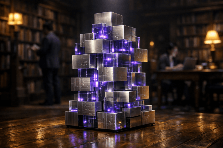 A photorealistic medium-wide cinematic shot, camera positioned approximately 1–2 meters from the subject, capturing a sleek, real-world data sculpture representing a machine learning Feature Store: a 60–80 cm tall cluster of interlocking translucent glass and brushed-metal blocks arranged in a precise isometric tower, each layer subtly etched with fine circuit-like patterns and tiny embedded indicator lights, resting directly on an old polished wooden floor, clearly readable within a realistic environment. The object integrates subtle electric-purple (#7B63FF) accents glowing gently along edges and through internal channels to indicate intelligence and data flow without overpowering realism. Set in the dim, atmospheric interior of a grand old library with aged dark-wood floorboards and towering bookshelves rising toward a shadowy ceiling, warm wall lamps and desk lamps contrasting with cool blue-violet reflections that add a restrained Tech-Noir mood, with a few diverse professionals in smart-casual attire browsing shelves or working at a laptop-lit reading table in the softly blurred background or periphery. Lighting is low-key and practical, complemented by a soft integrated white spotlight from above and slightly to the side of the sculpture, gently revealing form, texture, and depth in the glass and metal surfaces. Cinematic realism, natural depth of field, 35mm lens look, premium materials, ultra-detailed, 8K, no text, no logos, no watermarks.
