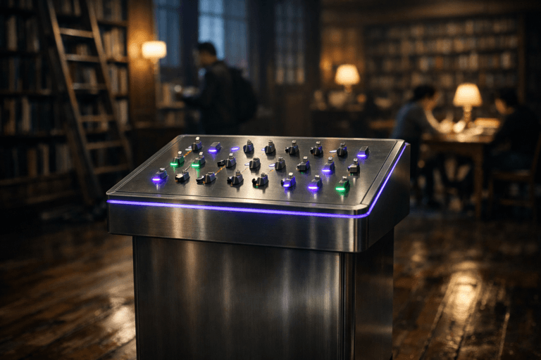 A photorealistic medium-wide cinematic shot, camera positioned approximately 1–2 meters from the subject, capturing a sleek waist-high stainless-steel control pedestal standing on the worn wooden floor of an old library, its top surface a clearly readable grid of physical metal toggle switches with small backlit indicators, embodying a real-world “feature toggle” control panel as the hero object in the scene. The object integrates subtle electric-purple (#7B63FF) accents glowing softly beneath some switches and along thin edge inlays, indicating intelligence and activity without overpowering realism. Set in the dim, wood-paneled main hall of an old library, with towering bookshelves and rolling ladders fading into shadow, scattered pools of cool bluish window light and muted warm desk lamps, a few diverse professionals and students in the background browsing shelves or seated at tables, softly out of focus, adding natural human presence and scale in a grounded Tech-Noir environment. Lighting is low-key and practical, with the ambient library lights and the control pedestal’s indicators complemented by a soft integrated white spotlight from above and slightly to the side, gently revealing the brushed metal texture, reflections on the wooden floor, and the tactile details of each switch. Cinematic realism, natural shallow-to-medium depth of field, premium materials, crisp contrast, restrained neon accents, ultra-detailed, 8K, no text, no captions, no logos, no watermarks.