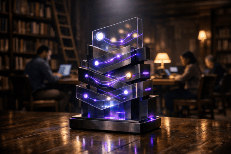 A photorealistic medium-wide cinematic shot, camera positioned approximately 1–2 meters from the subject, capturing a sleek physical 3D sculpture embodying “Instant Feedback” for SaaS product teams as the hero object — a waist-high geometric, isometric-inspired control-panel totem made of layered translucent glass and brushed dark metal, with stacked dashboard-like panels, glowing circular nodes and fine flowing light trails that symbolize real-time user signals and events — clearly readable within a realistic environment. The object integrates subtle electric-purple (#7B63FF) LED accents indicating intelligence and continuous activity along its edges and data paths, without overpowering the neutral, realistic materials. Set in the hushed interior of a grand old library with a Tech-Noir twist, the sculpture stands on a polished, timeworn wooden floor, framed by towering dark-wood bookshelves and rolling ladders receding into soft shadow, while in the background a few diverse professionals sit at long wooden tables quietly working on laptops and tablets, softly out of focus, blending heritage knowledge with live digital operations. Lighting is low-key and practical, combining warm ambient glow from vintage desk lamps and shaded wall sconces with the cool electric-purple reflections emitted by the sculpture, all complemented by a soft integrated white spotlight from above that gently reveals form, texture, subtle reflections and depth, casting elongated cinematic shadows across the floor. Cinematic realism, natural shallow-to-medium depth of field, 35mm or 50mm photographic look, premium materials, ultra-detailed, 8K, no text, no logos, no UI screens, no watermarks.