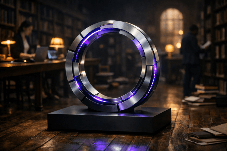 A photorealistic medium-wide cinematic shot, camera positioned approximately 1–2 meters from the subject, capturing a sleek circular feedback-loop sculpture as the hero object: an ultra-modern ring made of interlocking brushed-metal arcs and translucent glass segments, about knee-high, resting on a low matte-black pedestal on the worn wooden floor, with subtle embedded micro-LED strips and soft electric-purple (#7B63FF) light pulses running around its surface, clearly readable within a realistic environment. The object integrates subtle electric-purple accents indicating intelligence or activity without overpowering realism. Set in a moody real-world Tech-Noir reinterpretation of an old library interior with dark wooden floorboards and towering bookshelves fading into shadow, scattered books and papers, warm brass desk lamps and a distant high arched window providing dim amber ambient light, contrasted by discreet modern tech like slim laptops and small monitoring screens glowing on a long reading table in the background, with a few diverse professionals in business-casual attire softly out of focus, quietly collaborating or browsing shelves in the periphery. Lighting is low-key and practical, coming from desk lamps, the faint window light and the sculpture’s internal glow, complemented by a soft integrated white spotlight from above and slightly to the side, gently revealing form, texture, and depth on the loop, the pedestal and the wood grain of the floor. Cinematic realism with a 35mm lens look, natural shallow-to-medium depth of field, neutral corporate tones with restrained electric-purple neon accents, premium materials, ultra-detailed, 8K, no captions, no text overlays, no watermarks.