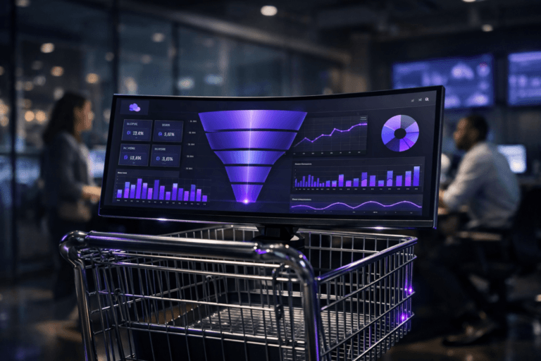 A photorealistic medium-wide cinematic shot, camera positioned approximately 1–2 meters from the subject, capturing a sleek real-world analytics control panel displayed on a thin-bezel 34-inch curved monitor securely mounted on the top rack of a chrome wire shopping cart, the screen showing a unified sales-and-marketing funnel dashboard with clean charts and KPI tiles plus a small, generic SaaS platform logo in one corner, clearly readable within a realistic environment. The object integrates subtle electric-purple (#7B63FF) accents in the glowing data visualizations and in soft reflections along the chrome structure of the cart, indicating intelligence and real-time activity without overpowering realism. Set in a modern corporate “war room” tech command center at night, with glass walls, a hint of city lights outside, and additional wall-mounted screens in the distance showing softly blurred dashboards, while a few diverse professionals in smart-casual attire collaborate around nearby workstations in the background and periphery, slightly out of focus. Lighting is low-key and practical, driven by the glow of the monitor and distant screens, complemented by a soft integrated white spotlight from above and slightly to the side that gently sculpts the shopping cart, monitor edges, and metal textures, revealing form, reflections, and depth. Cinematic realism, natural shallow-to-medium depth of field, neutral corporate grays and deep blues with restrained neon electric-purple accents, premium materials, ultra-detailed, 8K, no captions, no readable text, no watermarks.