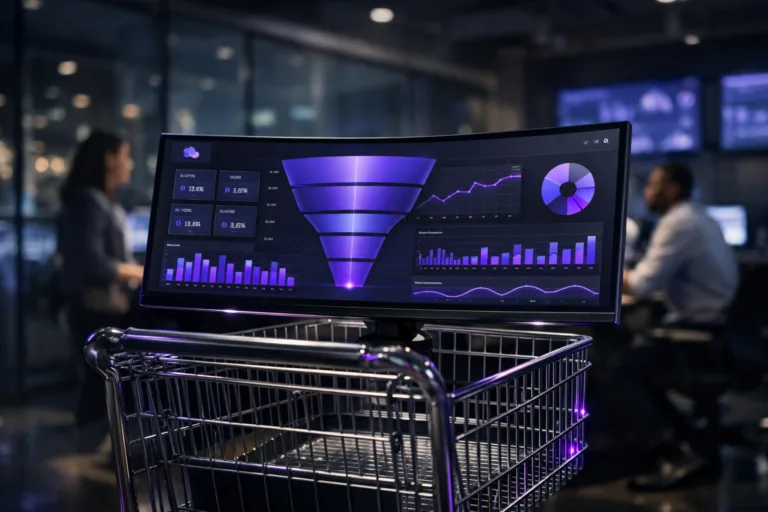 A photorealistic medium-wide cinematic shot, camera positioned approximately 1–2 meters from the subject, capturing a sleek real-world analytics control panel displayed on a thin-bezel 34-inch curved monitor securely mounted on the top rack of a chrome wire shopping cart, the screen showing a unified sales-and-marketing funnel dashboard with clean charts and KPI tiles plus a small, generic SaaS platform logo in one corner, clearly readable within a realistic environment. The object integrates subtle electric-purple (#7B63FF) accents in the glowing data visualizations and in soft reflections along the chrome structure of the cart, indicating intelligence and real-time activity without overpowering realism. Set in a modern corporate “war room” tech command center at night, with glass walls, a hint of city lights outside, and additional wall-mounted screens in the distance showing softly blurred dashboards, while a few diverse professionals in smart-casual attire collaborate around nearby workstations in the background and periphery, slightly out of focus. Lighting is low-key and practical, driven by the glow of the monitor and distant screens, complemented by a soft integrated white spotlight from above and slightly to the side that gently sculpts the shopping cart, monitor edges, and metal textures, revealing form, reflections, and depth. Cinematic realism, natural shallow-to-medium depth of field, neutral corporate grays and deep blues with restrained neon electric-purple accents, premium materials, ultra-detailed, 8K, no captions, no readable text, no watermarks.